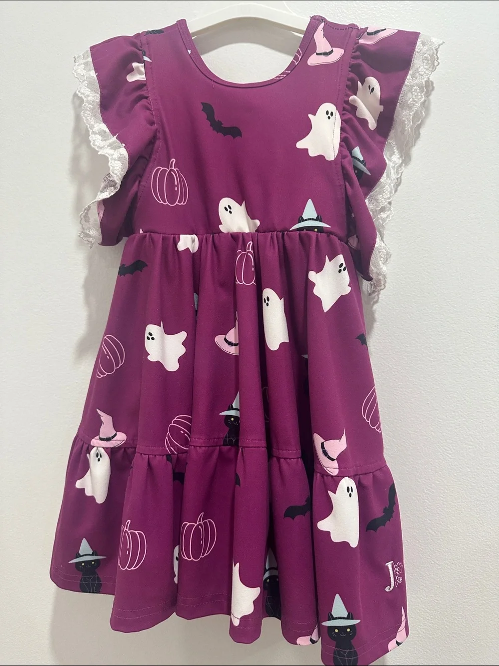 Girls' Halloween Dress with Ghost & Bat Print - Purple